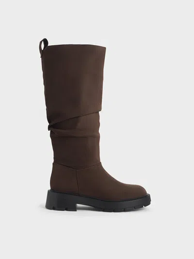 Charles & Keith - Faux Suede Ruched Knee-high Boots In Multi
