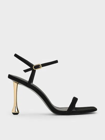Charles & Keith - Faux Suede Sculptural-heel Ankle-strap Sandals In Black Textured
