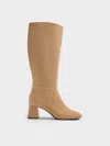 Charles & Keith - Faux Suede Square-toe Side-zip Knee-high Boots In Brown