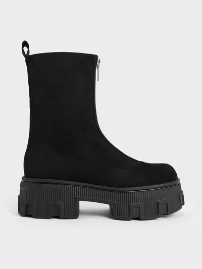 Charles & Keith - Faux Suede Zip-up Platform Calf Boots In Black