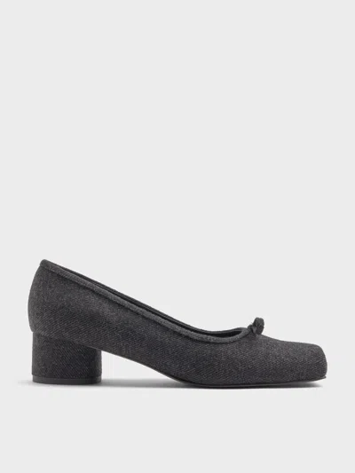 Charles & Keith - Felt Bow Metallic-accent Square-toe Block-heel Pumps In Gray