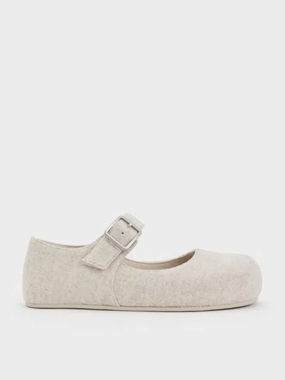 Charles & Keith - Felt Buckled Mary Jane Flats In Grey