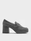 Charles & Keith - Felt Platform Block-heel Loafer Pumps In Gray