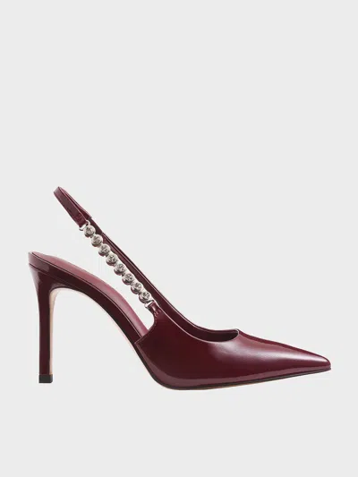 Charles & Keith - Flores Patent Gem-strap Slingback Pumps In Burgundy