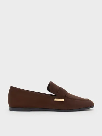 Charles & Keith - Faux Suede Almond-toe Flat Loafers In Dark Brown