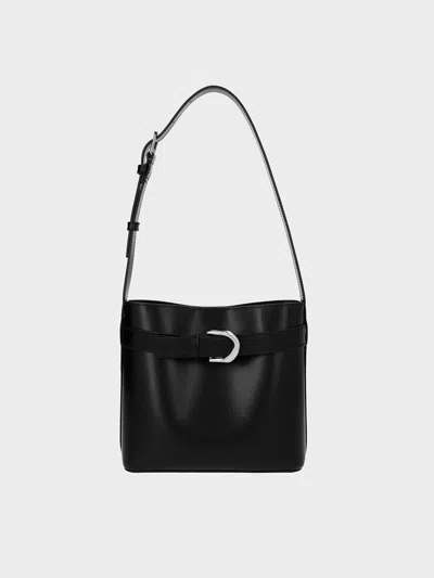Charles & Keith - Gabine Leather Belted Bucket Bag In Noir