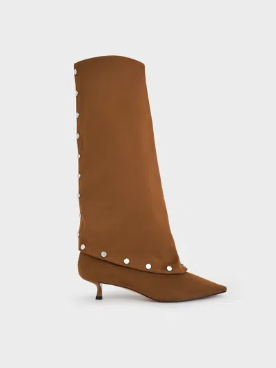 Charles & Keith - Gael Faux Suede Studded Convertible Kitten-heel Knee-high Boots In Brown