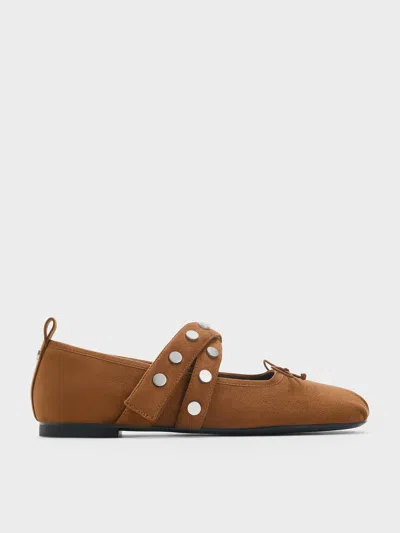 Charles & Keith - Gael Faux Suede Studded Crossover-strap Bow Mary Janes In Brown