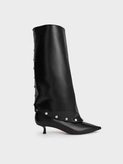Charles & Keith - Gael Studded Convertible Kitten-heel Knee-high Boots In Black