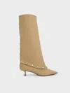 Charles & Keith - Gael Twill Studded Convertible Kitten-heel Knee-high Boots In Sand