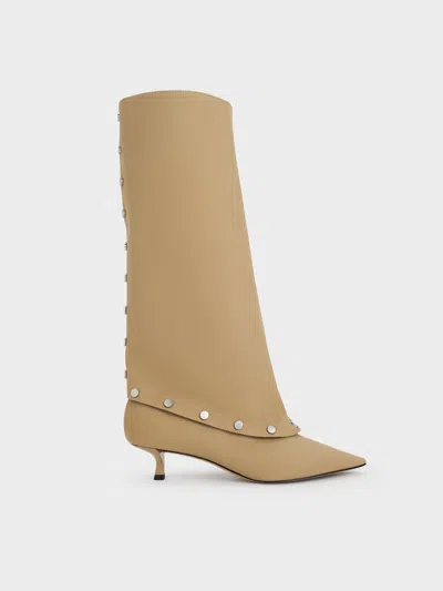 Charles & Keith - Gael Twill Studded Convertible Kitten-heel Knee-high Boots In Sand