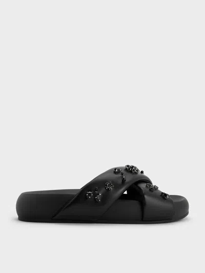 Charles & Keith - Gem & Pearl Flatform Sandals In Black