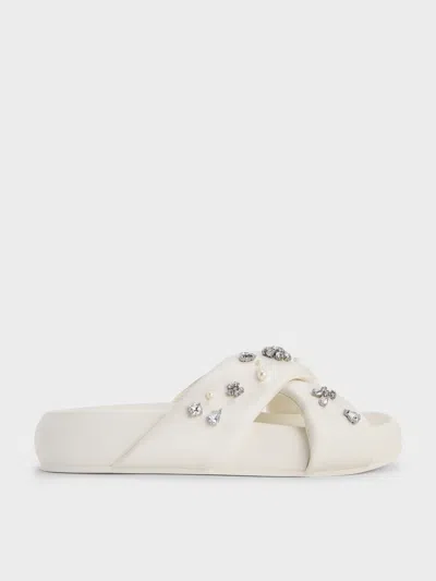 Charles & Keith - Gem & Pearl Flatform Sandals In White