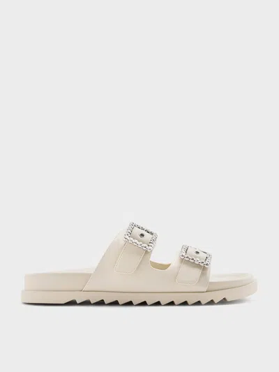 Charles & Keith - Gem-buckle Double-strap Sandals In Chalk