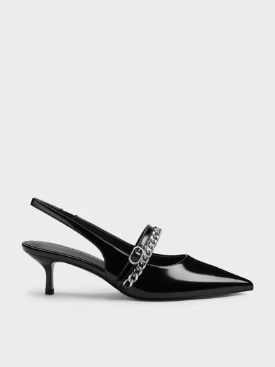 Charles & Keith - Georgie Chain Slingback Kitten Heels In Black
