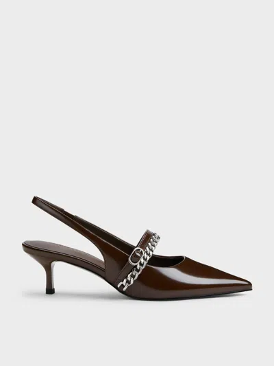Charles & Keith - Georgie Chain Slingback Kitten Heels In Brown