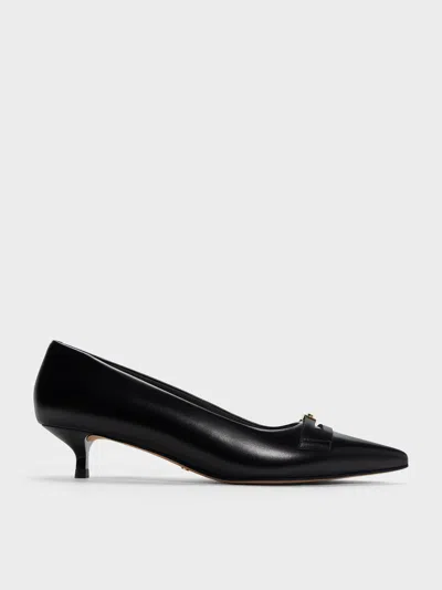 Charles & Keith - Georgina Leather Pointed-toe Kitten-heel Pumps In Black