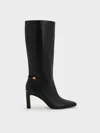Charles & Keith - Georgina Leather Tapered Square-toe Blade-heel Knee-high Boots In Black
