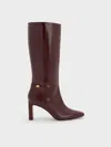Charles & Keith - Georgina Leather Tapered Square-toe Blade-heel Knee-high Boots In Burgundy
