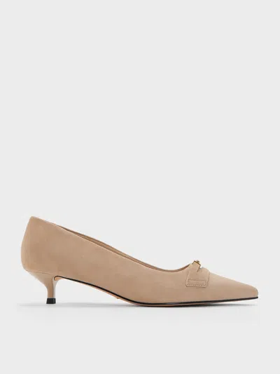 Charles & Keith - Georgina Suede Pointed-toe Kitten-heel Pumps In Burgundy