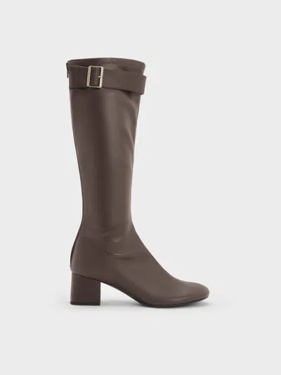 Charles & Keith - Gerry Buckled Block-heel Knee-high Boots In Brown