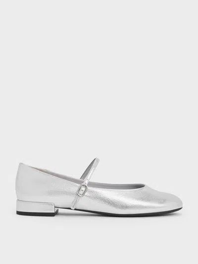 Charles & Keith - Gertrude Metallic Round-toe Mary Janes In Silver