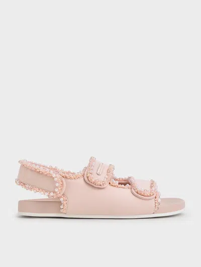 Charles & Keith - Girls' Elastane Pearl-embellished Flatform Sandals In Light Pink
