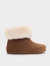 Charles & Keith - Girls' Faux Suede & Faux Fur Foldover Ankle Boots In Brown