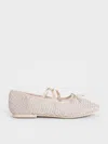 Charles & Keith - Girls' Mesh Crystal-embellished Crossover-strap Ballet Flats In Cream