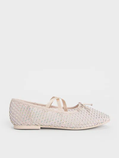 Charles & Keith - Girls' Mesh Crystal-embellished Crossover-strap Ballet Flats In Cream