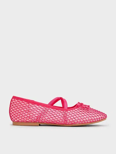 Charles & Keith - Girls' Mesh Crystal-embellished Crossover-strap Ballet Flats In Red