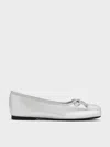 Charles & Keith - Girls' Metallic Bow Square-toe Crossover-strap Ballet Flats In Silver