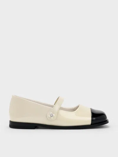 Charles & Keith - Girls' Patent Cap-toe Mary Janes In Chalk