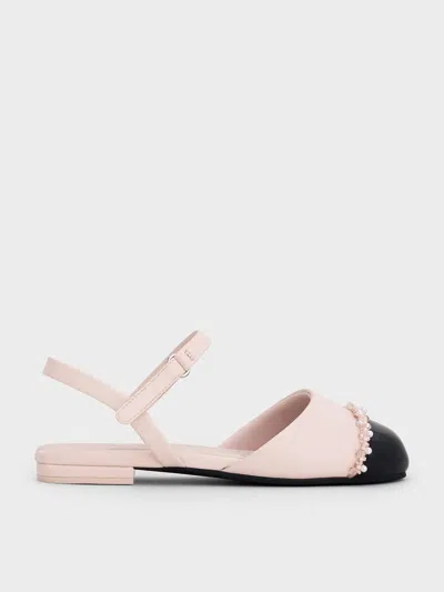Charles & Keith - Girls' Pearl-embellished Cap-toe Ankle-strap Flats In Light Pink