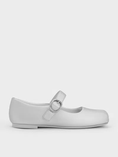 Charles & Keith - Girls' Pearlescent Crystal-buckle Square-toe Mary Jane Flats In Silver