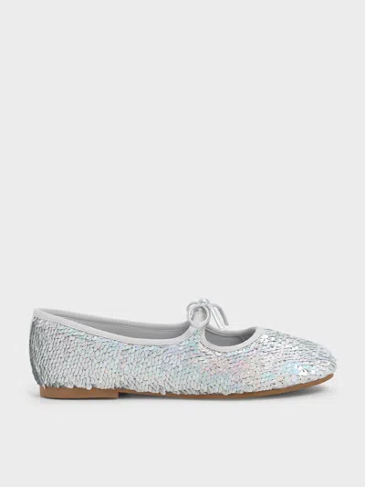 Charles & Keith - Girls' Sequin Metallic Bow Ballet Flats In Silver