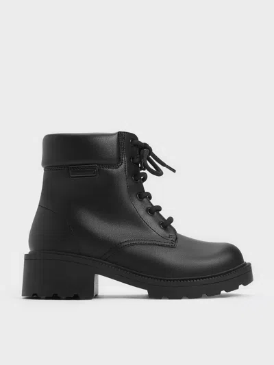 Charles & Keith - Girls' Side-zip Ridged-sole Lace-up Ankle Boots In Black