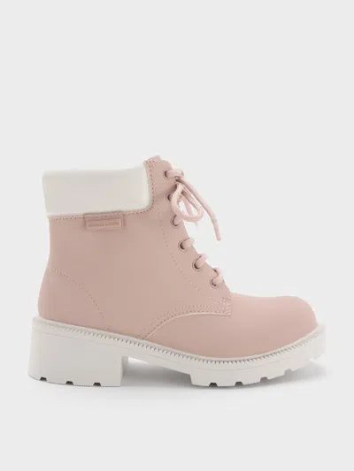 Charles & Keith - Girls' Side-zip Ridged-sole Lace-up Ankle Boots In Pink