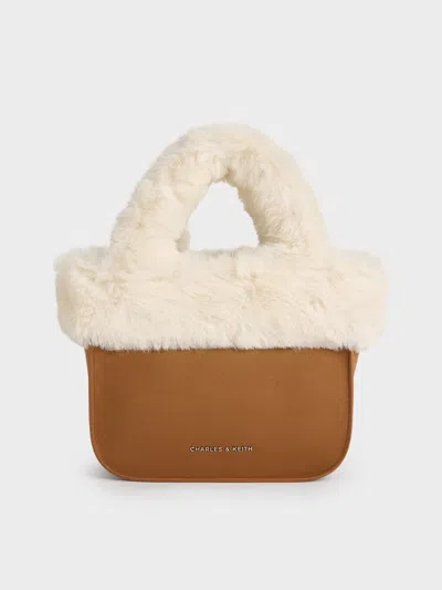 Charles & Keith - Girls' Textured Fur-trim Tote Bag In Brown