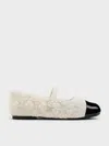 Charles & Keith - Girls' Tweed Pearl-embellished Cap-toe Mary Jane Flats In White