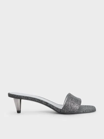 Charles & Keith - Glittered Cone-heel Mules In Black Textured