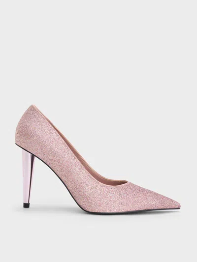 Charles & Keith - Glittered Cone-heel Pointed-toe Pumps In Pink
