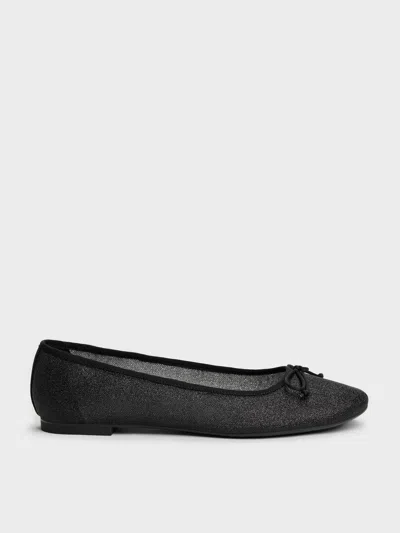 Charles & Keith - Glittered Mesh Bow Ballet Flats In Black