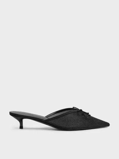 Charles & Keith - Glittered Mesh Bow Kitten Heels In Black