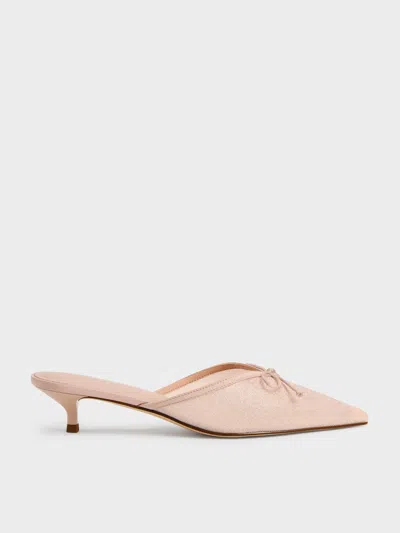 Charles & Keith - Glittered Mesh Bow Kitten Heels In Pink