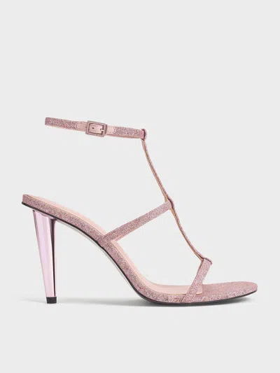 Charles & Keith - Glittered T-bar Ankle-strap Sandals In Pink