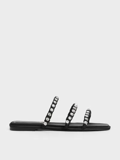 Charles & Keith - Goldie Recycled Polyester Gem-encrusted Slide Sandals In Black Textured
