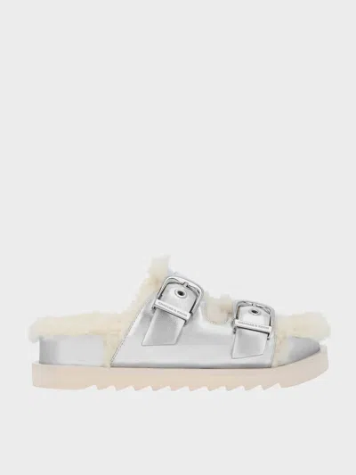 Charles & Keith - Hannah Metallic Furry Buckled Double-strap Sandals In Silver