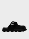 Charles & Keith - Hannah Textured Fur-trim Buckled Mules In Black