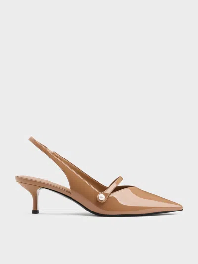 Charles & Keith - Helena Patent Pearl-buckle Slingback Kitten Heels In Brown